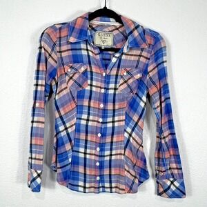 Guess Button Up Flannel Shirt Women's XS Blue Pink Roll Tab Sleeve Plaid Pockets